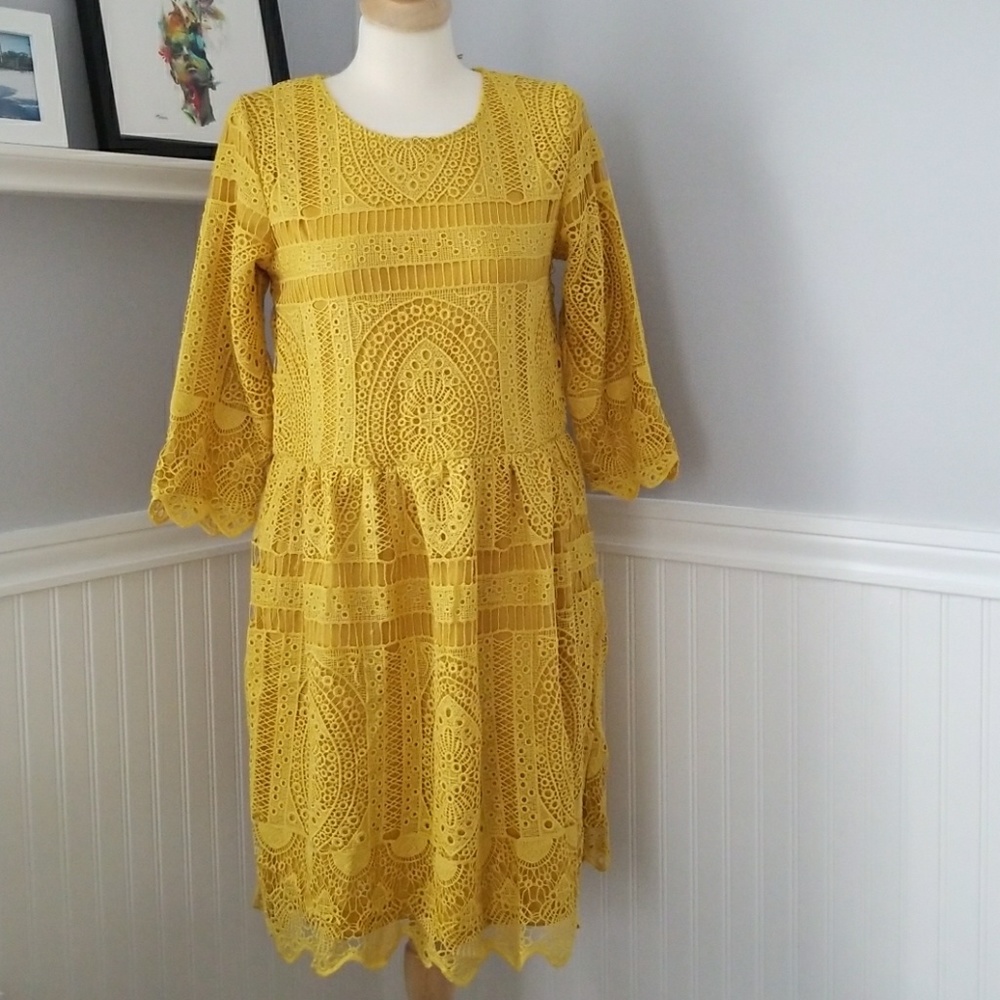 🌻Hidden Alley Mustard Eyelet Boho Low Waist Dress